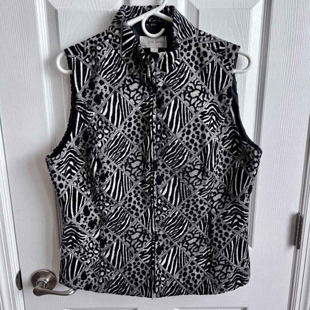 Erin London Womens Mixed Animal Print Zip Up Vest Black White Zebra Leopard M